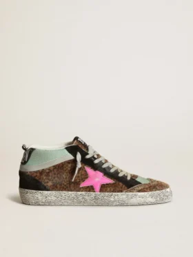 Mid Star din piele de ponei cu imprimeu leopard și stea din piele fucsia