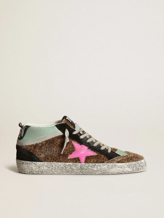Mid Star din piele de ponei cu imprimeu leopard și stea din piele fucsia