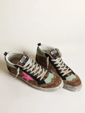 Mid Star din piele de ponei cu imprimeu leopard și stea din piele fucsia