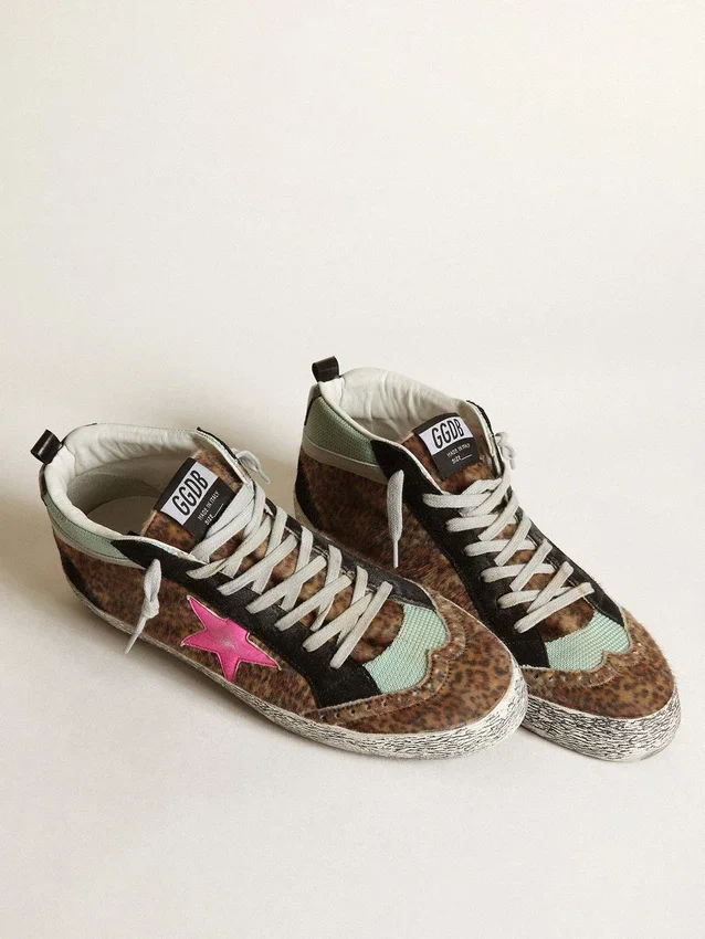 Mid Star din piele de ponei cu imprimeu leopard și stea din piele fucsia