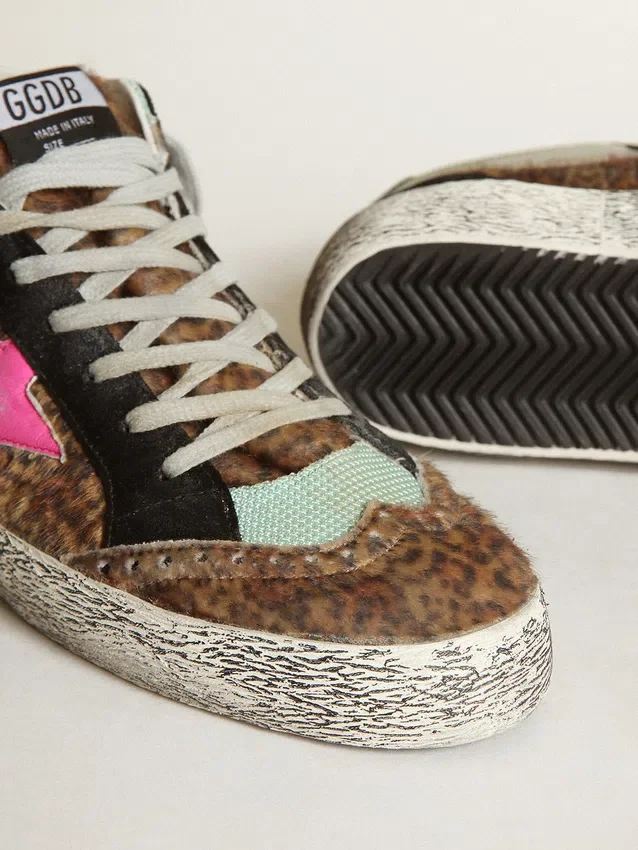 Mid Star din piele de ponei cu imprimeu leopard și stea din piele fucsia