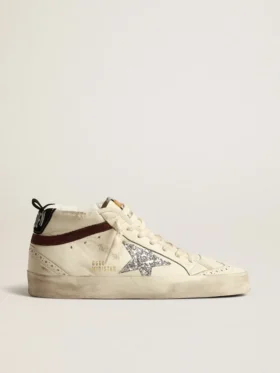 Mid Star LTD din piele nappa albă cu stea argintie cu sclipici