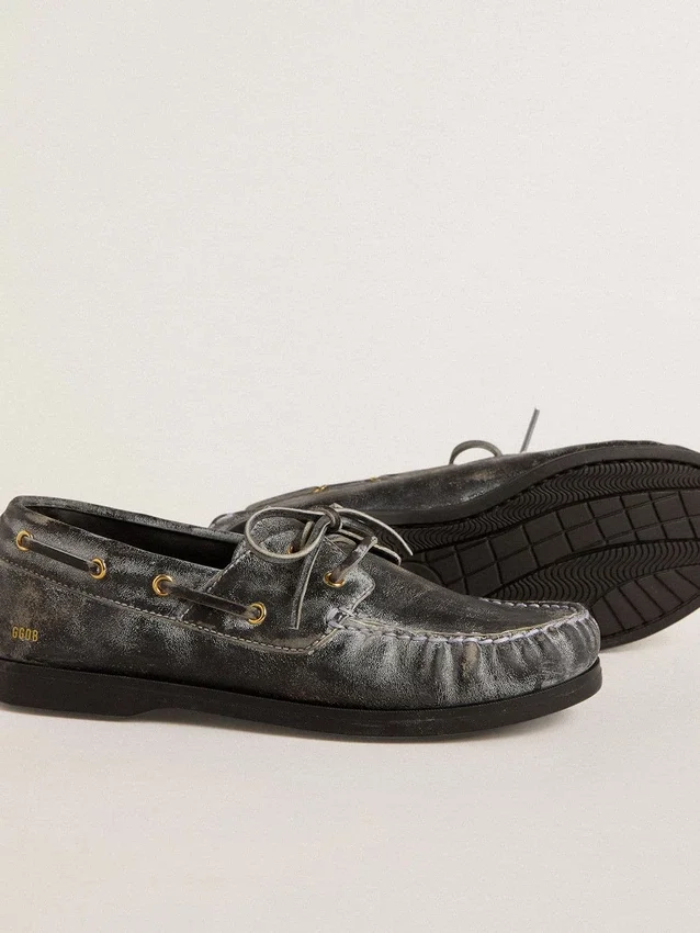 Mocasini „Cruise” pentru copii, din piele neagră cu aspect uzat
