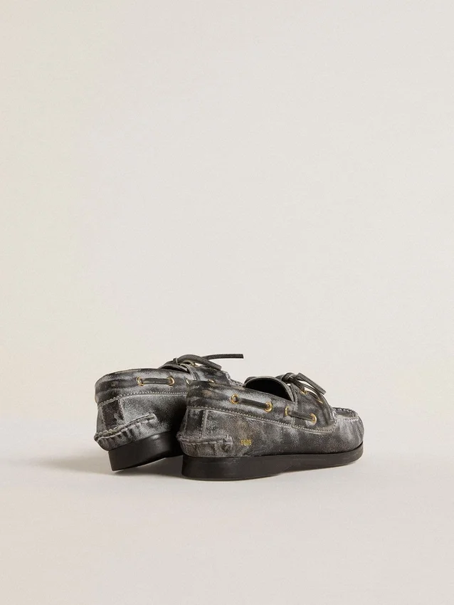 Mocasini „Cruise” pentru copii, din piele neagră cu aspect uzat