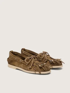 Mocasini Cruise pentru femei din piele de căprioară de culoare kaki, cu franjuri și mărgele multicolore