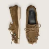 Mocasini Cruise pentru femei din piele de căprioară de culoare kaki, cu franjuri și mărgele multicolore