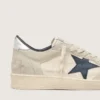 Modelul Ball Star LTD pentru femei, din piele de căprioară gri, cu stea albastră și inserții croșetate de culoare crem