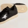 Modelul Ball Star pentru femei, din plasă, cu cristale Swarovski și stea și bandă de la călcâi din piele laminată neagră