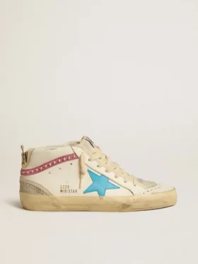 Modelul Mid Star pentru femei, din piele, cu stea albastru deschis și inserție din piele de căprioară fucsia cu ținte platinate
