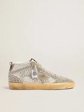 Modelul Mid Star pentru femei, din piele de căprioară albă și gri-porumbel, cu cristale Swarovski