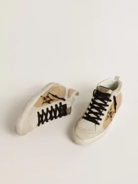 Modelul Mid Star pentru femei din piele Naplak bej, cu stea din piele de ponei cu imprimeu leopard