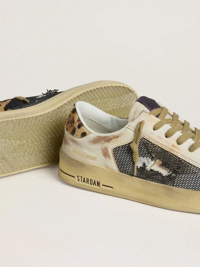 Modelul Stardan pentru femei din piele nappa și plasă, cu bandă pe călcâi din piele de ponei cu imprimeu leopard