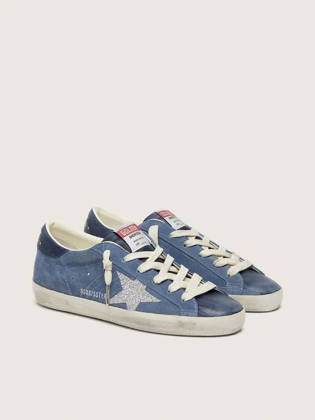 Modelul Super-Star pentru femei din piele de căprioară albastru denim cu stea argintie sclipitoare
