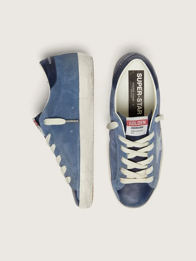 Modelul Super-Star pentru femei din piele de căprioară albastru denim cu stea argintie sclipitoare