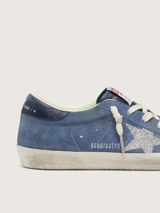 Modelul Super-Star pentru femei din piele de căprioară albastru denim cu stea argintie sclipitoare