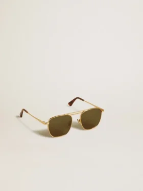Ochelari de soare în stil aviator, cu ramă aurie și lentile verzi