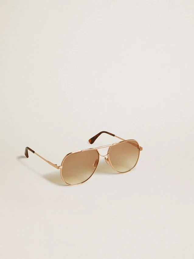 Ochelari de soare în stil aviator, cu ramă din aur roz și lentile de culoarea mierii