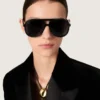 Ochelari de soare în stil Aviator, cu ramă și lentile negre