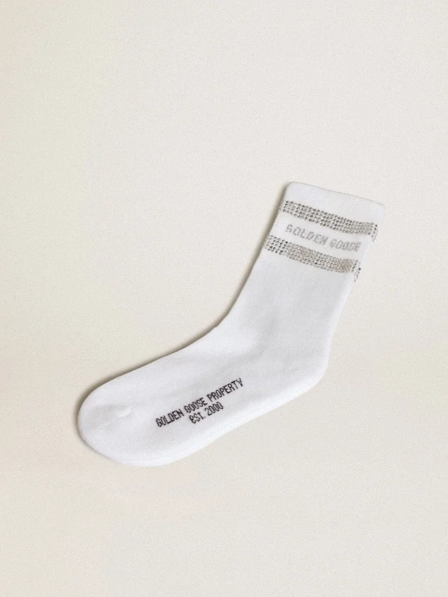 Șosete unisex din bumbac alb cu cristale decorative