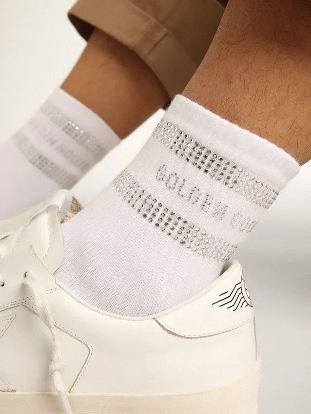 Șosete unisex din bumbac alb cu cristale decorative