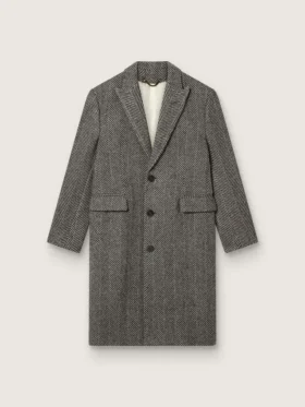 Palton bărbătesc din lână, cu un singur rând de nasturi, cu țesătură în model herringbone bej și gri