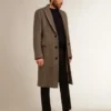 Palton bărbătesc din lână, cu un singur rând de nasturi, cu țesătură în model herringbone bej și gri