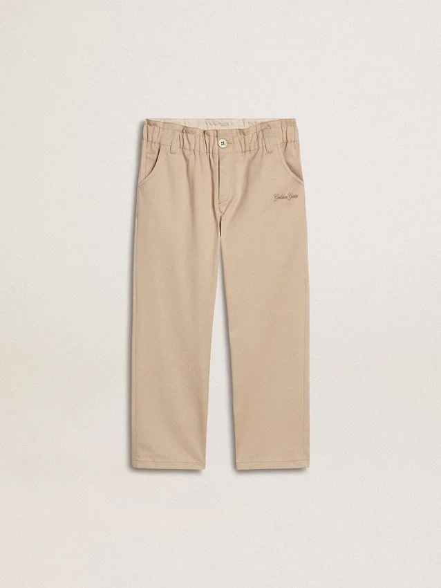Pantaloni bej din bumbac pentru fete, cu broderie
