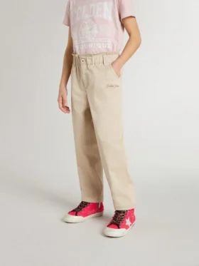 Pantaloni bej din bumbac pentru fete, cu broderie
