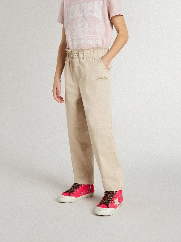 Pantaloni bej din bumbac pentru fete, cu broderie