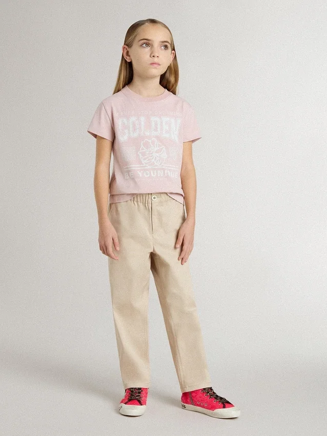 Pantaloni bej din bumbac pentru fete, cu broderie