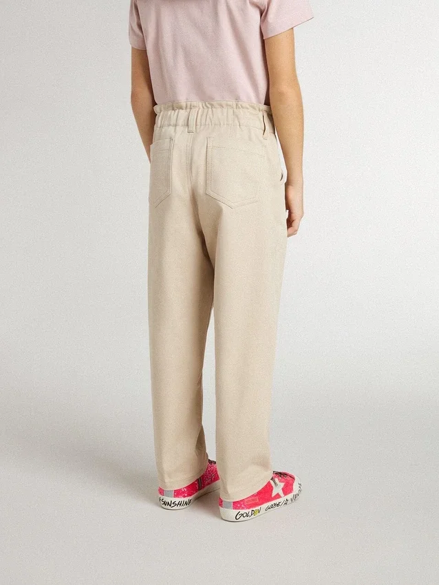 Pantaloni bej din bumbac pentru fete, cu broderie