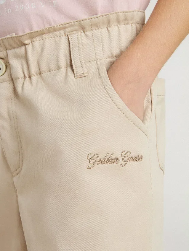 Pantaloni bej din bumbac pentru fete, cu broderie
