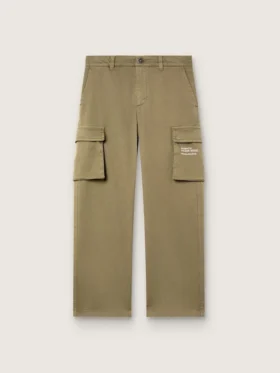 Pantaloni cargo pentru băieți din colecția Journey, din gabardină de bumbac verde militar cu imprimeu