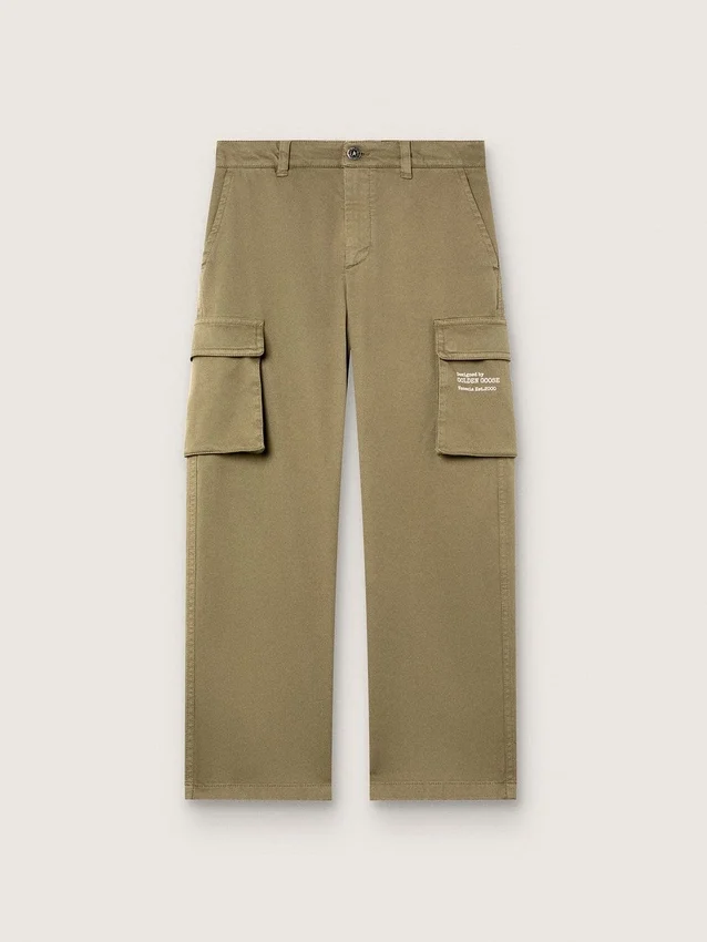 Pantaloni cargo pentru băieți din colecția Journey, din gabardină de bumbac verde militar cu imprimeu
