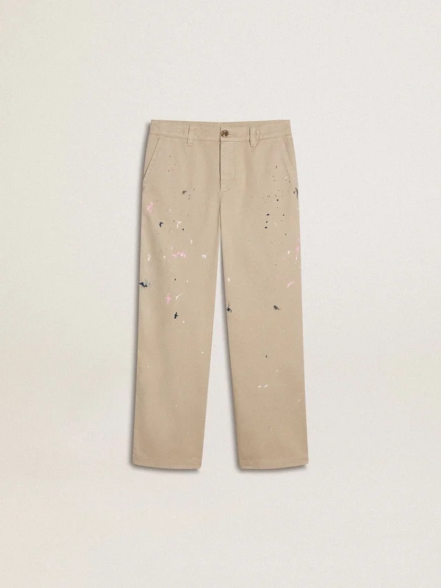 Pantaloni chino bej pentru copii cu pete multicolore