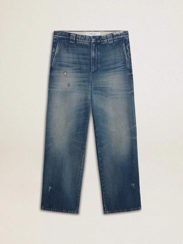 Pantaloni chino din denim pentru bărbați, cu detalii uzate