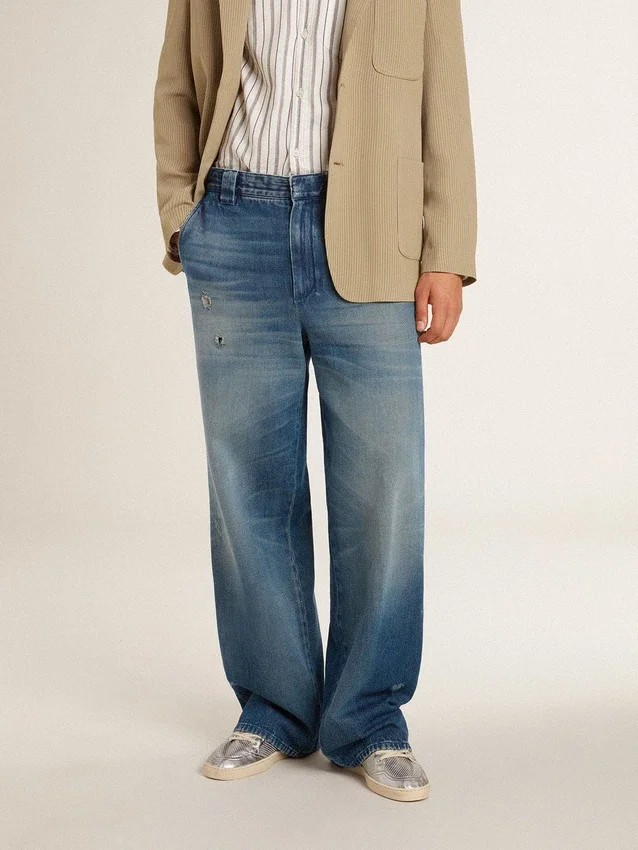 Pantaloni chino din denim pentru bărbați, cu detalii uzate