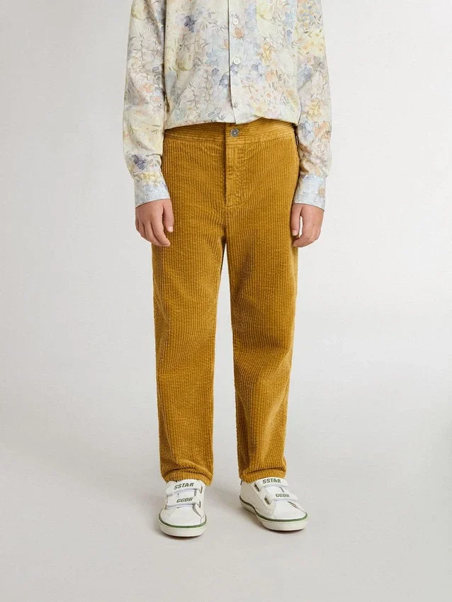 Pantaloni chino pentru băieți, de culoare tutun, cu broderie