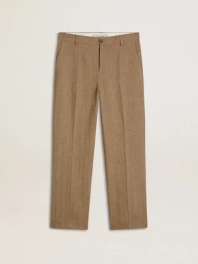 Pantaloni croiți din amestec de in cu model chevron, de culoare nisip