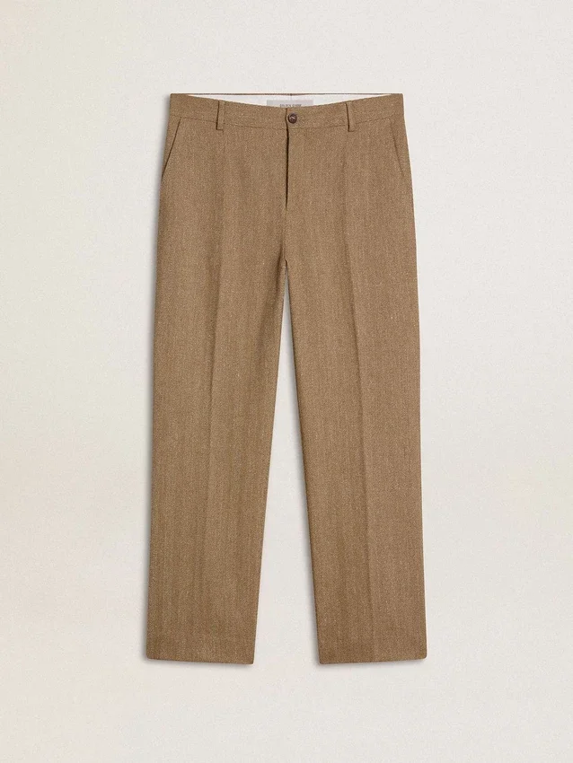 Pantaloni croiți din amestec de in cu model chevron, de culoare nisip