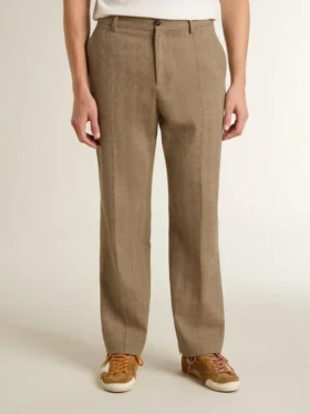 Pantaloni croiți din amestec de in cu model chevron, de culoare nisip