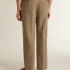 Pantaloni croiți din amestec de in cu model chevron, de culoare nisip