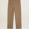 Pantaloni croiți din amestec de in cu model chevron, de culoare nisip