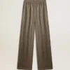 Pantaloni de damă din amestec de viscoză și mătase, de culoare verde, cu imprimeu floral