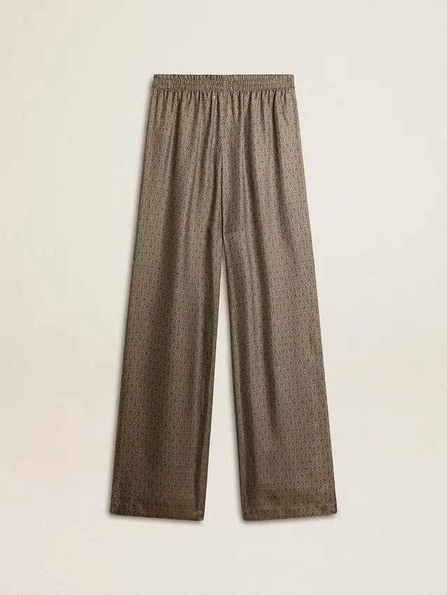 Pantaloni de damă din amestec de viscoză și mătase, de culoare verde, cu imprimeu floral