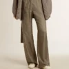 Pantaloni de damă din amestec de viscoză și mătase, de culoare verde, cu imprimeu floral