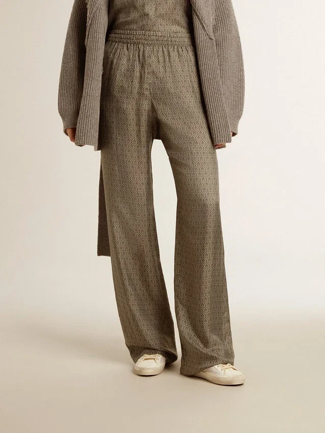 Pantaloni de damă din amestec de viscoză și mătase, de culoare verde, cu imprimeu floral
