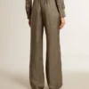 Pantaloni de damă din amestec de viscoză și mătase, de culoare verde, cu imprimeu floral