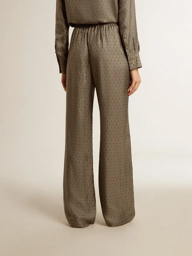 Pantaloni de damă din amestec de viscoză și mătase, de culoare verde, cu imprimeu floral