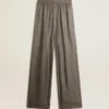 Pantaloni de damă din amestec de viscoză și mătase, de culoare verde, cu imprimeu floral